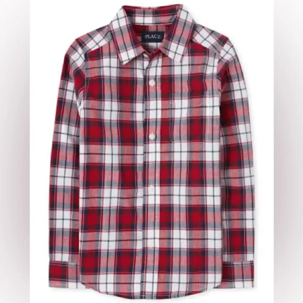 The Children’s Place Boy’s Classic Red Plaid Cotton Poplin Button Down Shirt 5/6